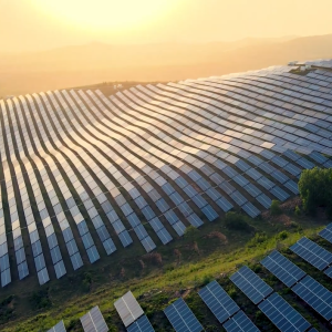 Aerial view of a large solar field.