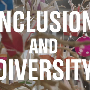 Olympic rings and "Inclusion and Diversity" on top of a colorful tree.
