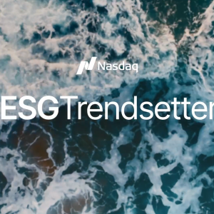 Nasdaq logo and ESG Trendsetters over a background of crashing waves.