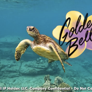 Sea turtle swimming next to Golden Bell logo