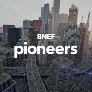 Cityscape with the words, "BNEF pioneers" superimposed