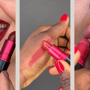 Three images of lipsticks being applied to lips and swatched on a hand.