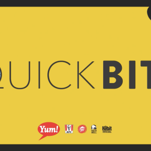 Yellow background with the text 'quick bite' with Yum brands! logos underneath