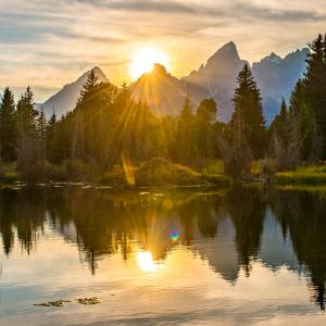 body of water with trees and mountains in the background