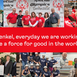 Collage of volunteers doing different tasks. "At Henkel, everyday we are working to be a force for good in the world."