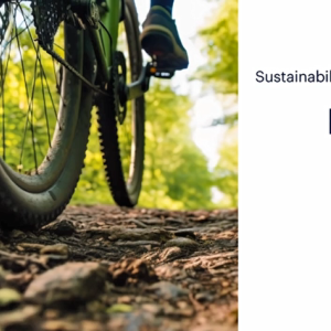 "Ending Plastic Waste" a close up of a person on a bicycle on a leaf-lined path.