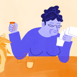 An illustration of a person holding a medicine bottle and reading a piece of paper