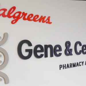 Text on a wall that reads " Gene & Cell Services Pharmacy and Innovation Center"