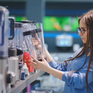 A person holding a blender
