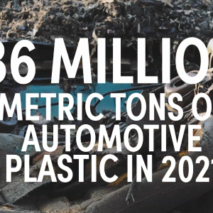 "36 million metric tons of automotive plastic in 2021" over a background of a landfill