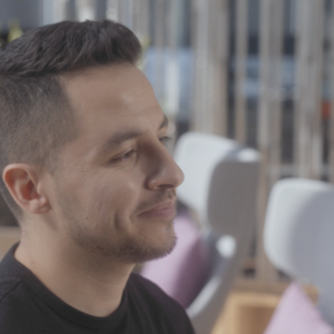 Side profile of a person smiling