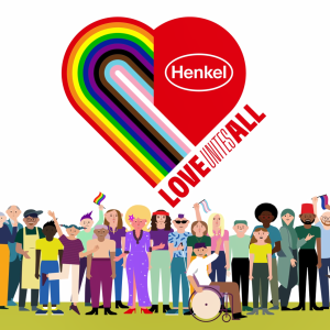 Henkel logo above a row of drawn people "Love unites all"