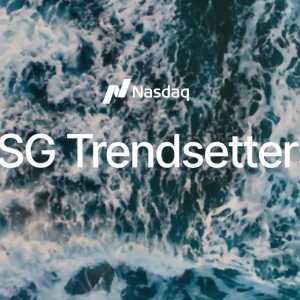 "Nasdaq. ESG Trendsetters" over a background of crashing waves.
