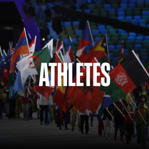 People carrying world flags with the text 'Athletes' layered on top of the image