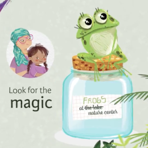 A cartoon frog sitting on a glass jar. Inside the jar is a paper that reads, "FROGS: at the nature center"