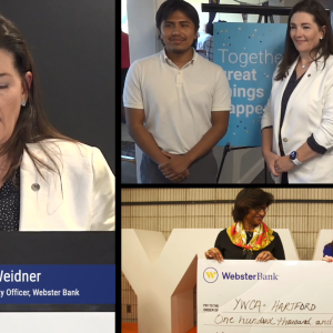 Collage of Marissa Weidner speaking, posed with others, and holding a large check.
