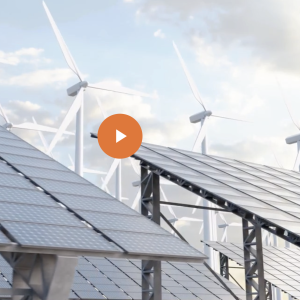 Windmills and a field of solar panels.