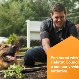 A smiling person diggin in a raised garden bed. A happy dog to the left supervising the progress.