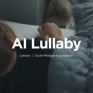 "AI Lullaby" over a child sleeping in a bed.