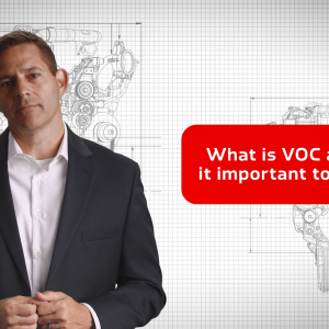 "What is VOC and why is it important to reduce them" On the left a person talking. A blueprint of an engine in the background.