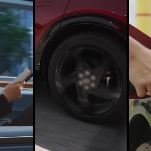Three photos of a person at in a car, car wheels, and someone using a fuel pump 