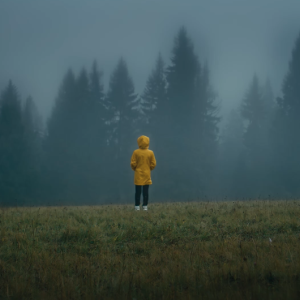 person standing in foggy field in yellow rain jacket