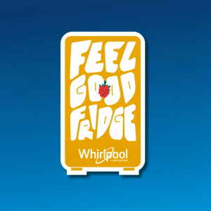 "Feel Good Fridge" and whirlpool logo inside an orange refrigerator shape.