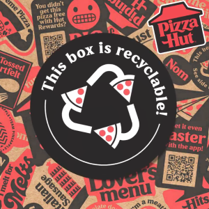 "This box is recyclable" with pizza slices as 'arrows' in a recycling symbol.