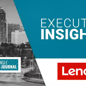 "Executive Insights" and Lenovo logo. On the left a sliced black and white elapsed city landscape.