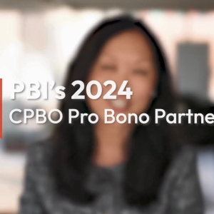"PBI's 2024 CPBO Pro Bono Partner Award" over a blurred in age of a person.