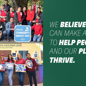 Collage of two groups of volunteers holding art and signs. "We believe everyone can make an impact to help people and our planet thrive."