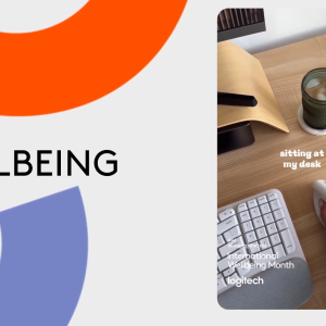 Th text "wellbeing" with a photo of a person using a mouse on a desk
