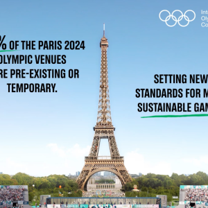 95% of the Paris 2024 Olympic venues were pre-existing or temporary. Setting new standards for more sustainable games. Eiffel Tower with a crowded stadium around it.
