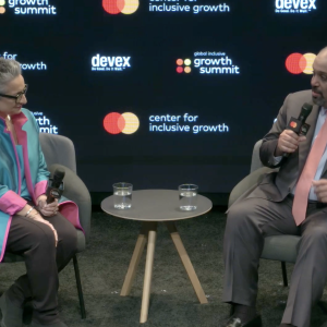 H.E. Salman Al Khalifa, Minister of finance and national economy, Kingdom of Bahrain speaking with Shamina Singh, Founder & president, Mastercard Center for Inclusive Growth