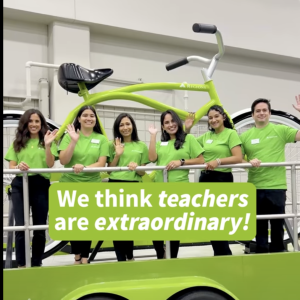 People smiling with the text "We think teachers are extraordinary"