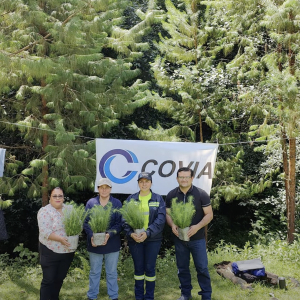people holding plants in front of trees