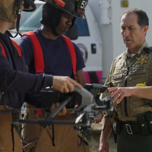 Rescue workers handling drones