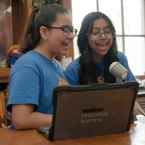 Abril Contreras-Reyes and Paulina Martinez-Garcia deliver the morning announcements at Academia de Lenguaje y Bellas Artes (ALBA).