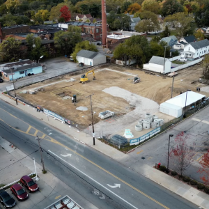 Aerial view of the soon to be developed lot for the Walton Apartments in Cleveland.