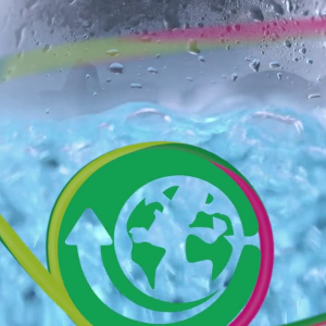 Image of a science beaker with bubbling liquid and a green graphic resembling the earth.