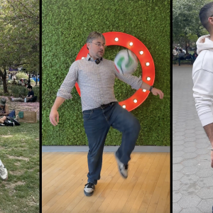 Three images of people playing with a soccer ball
