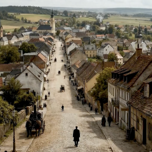 people walking down a village street