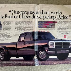 Pages from an old magazine with the headline "Out-torques and out-works any Ford or Chevy diesel pickup. Period."