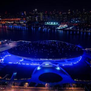 Mercedes-Benz Arena Shanghai illuminated blue for Earth Day 2023.