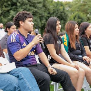 Students from the Coachella Valley Unified School District’s Migrant Program listen and engage during a panel discussion with LA Galaxy players as part of a community education initiative at the Coachella Valley Invitational.