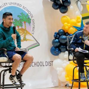LA Galaxy broadcaster Joe Tutino interviews LA Galaxy midfielder Jose “Memo” Rodriguez.
