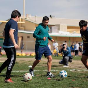 LA Galaxy's Jose “Memo” Rodriguez leads a soccer clinic for CVUSD migrant student athletes.
