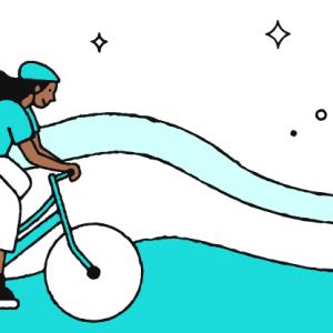 Illustration of someone riding a bike through a virtual window