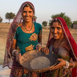 two people holding a container of seeds outside