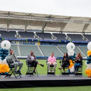 People sitting in folding chairs in a stadium